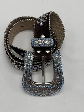 b. b. Simon Brown Leather/ horse hair Swarovski Crystal Belt Sz XL 43” Long Y2K